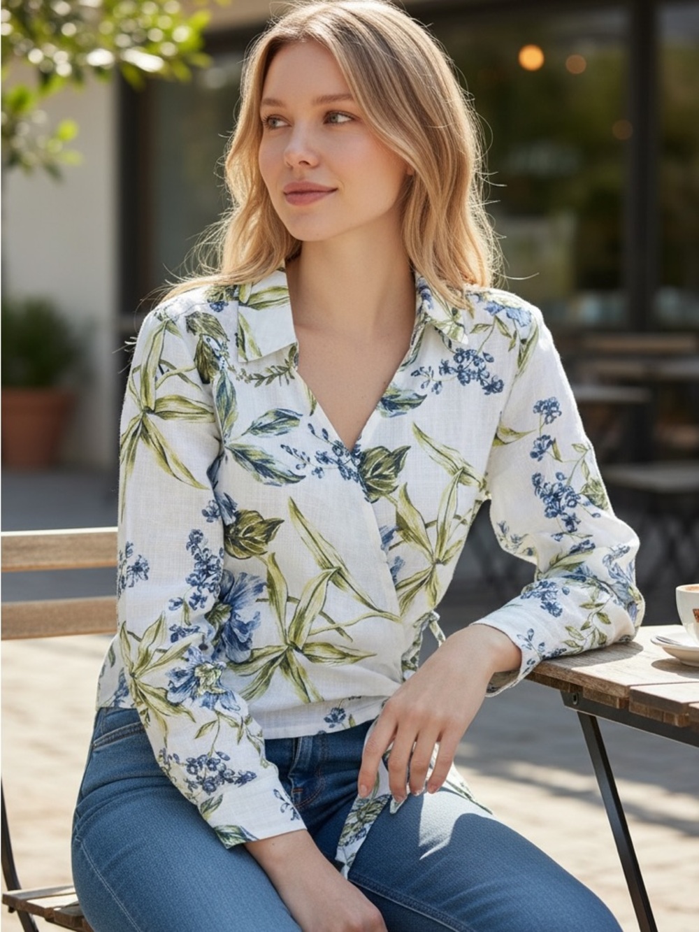 Joie White Linen Floral Tie-Back Blouse with Blue & Green Print